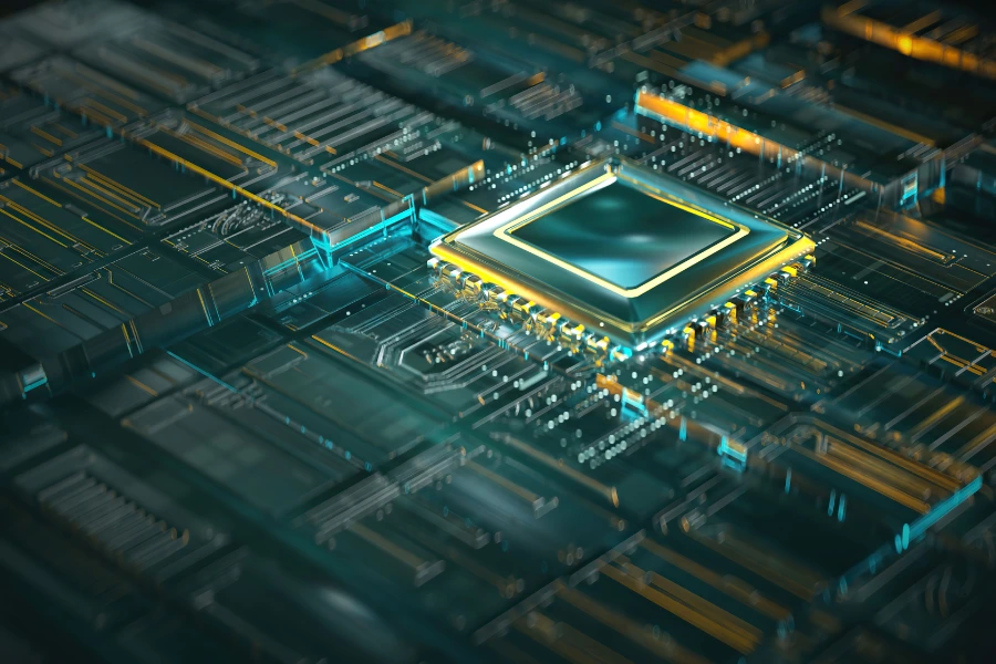 Ilustração de um microchip em destaque em uma placa-mãe de circuito eletrônico, com tons metálicos de azul, dourado e verde. O design futurista exibe detalhes precisos das conexões elétricas e componentes, simbolizando tecnologia avançada, inovação em hardware e processamento computacional de alta performance.
Tecnologias disruptivas que vão mudar o mundo até 2030.