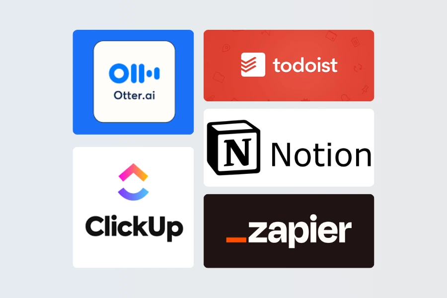 Imagem mostrando os logotipos das 5 principais ferramentas de produtividade para 2025: Otter.ai, para transcrição e reuniões; Todoist, para gerenciamento de tarefas; Notion, para organização e planejamento; ClickUp, uma plataforma de gestão de projetos; e Zapier, para automação de processos.