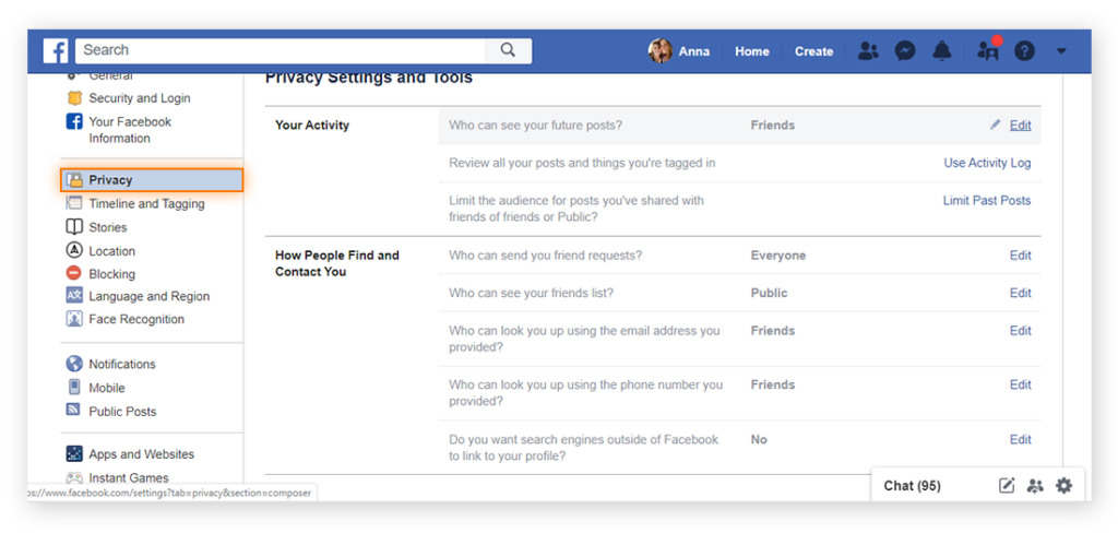 Ajuste as Configurações de Privacidade, Facebook.
