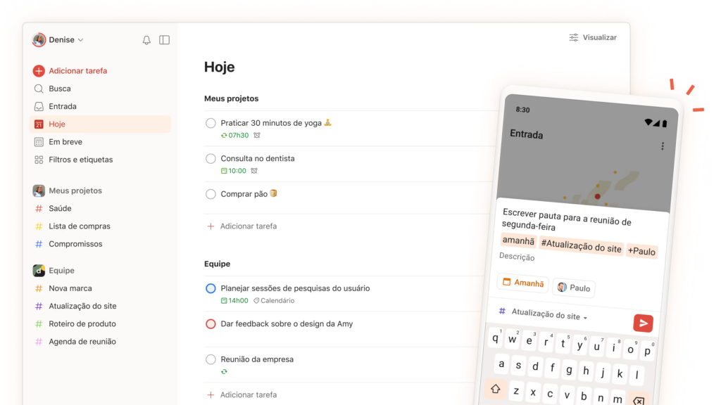 Interface do aplicativo Todoist exibindo a organização de tarefas do dia, com projetos como 'Saúde', 'Lista de compras' e 'Compromissos'. A seção 'Hoje' inclui tarefas como 'Praticar 30 minutos de yoga' e 'Consulta no dentista', com horários e ícones associados. Na lateral direita, visualização de uma tarefa detalhada no celular com tags como 'amanhã', '#Atualização do site' e '+Paulo'. Ideal para gerenciamento de tarefas e produtividade. Top 5 Ferramentas de Produtividade