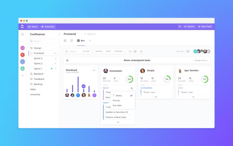 Interface do ClickUp mostrando a organização de tarefas de uma equipe de projeto intitulada 'Frontend'. A tela exibe gráficos de carga de trabalho, tarefas atribuídas a membros da equipe como Konstantin, Sergiy e Igor Saveliev, com indicadores de progresso percentual. No menu lateral estão seções como 'Design', 'Sprint 1' e 'Backend'. Ideal para gestão de projetos colaborativos e acompanhamento de produtividade. Top 5 Ferramentas de Produtividade