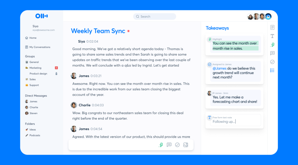 Interface do Otter.ai exibindo a transcrição de uma reunião intitulada 'Weekly Team Sync'. À esquerda, o menu inclui grupos como 'Marketing', 'Product Design' e 'Sales', além de mensagens diretas com membros como James e Charlie. No centro, a transcrição detalha comentários de Siya, James e Charlie sobre tendências de vendas. À direita, uma coluna de 'Takeaways' destaca pontos importantes, perguntas atribuídas e anotações, como 'You can see the month over month rise in sales' e 'Let me make a forecasting chart and share!'. Ideal para transcrição e registro de reuniões."