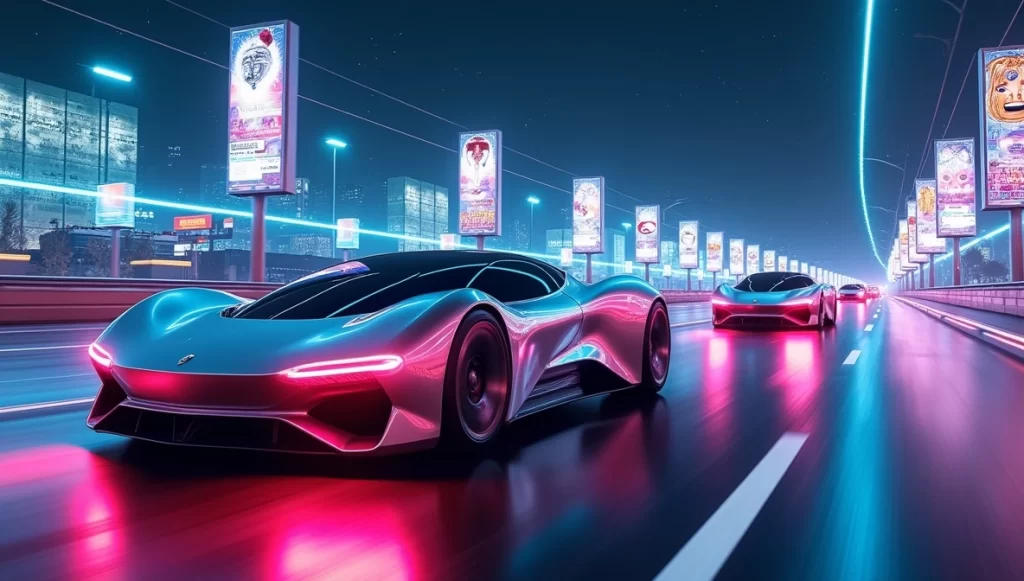 Frota de carros autônomos em uma rodovia futurista