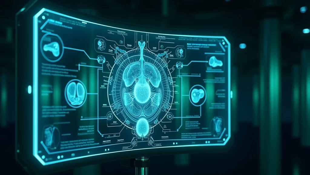 Interface de IA exibindo análise de exame em tela futurista