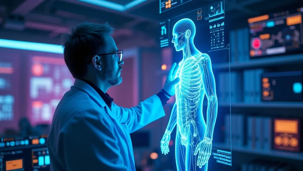 Médico futurista com holograma de corpo humano em laboratório high-tech
