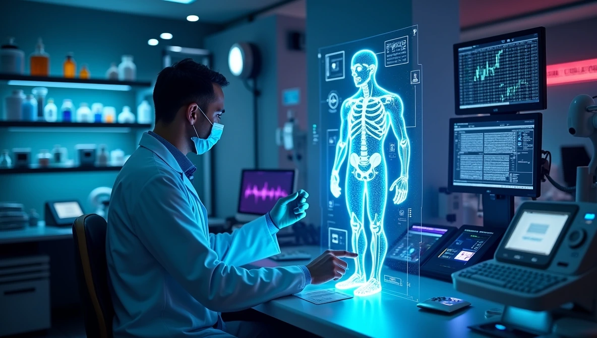 Médico futurista analisando holograma de paciente