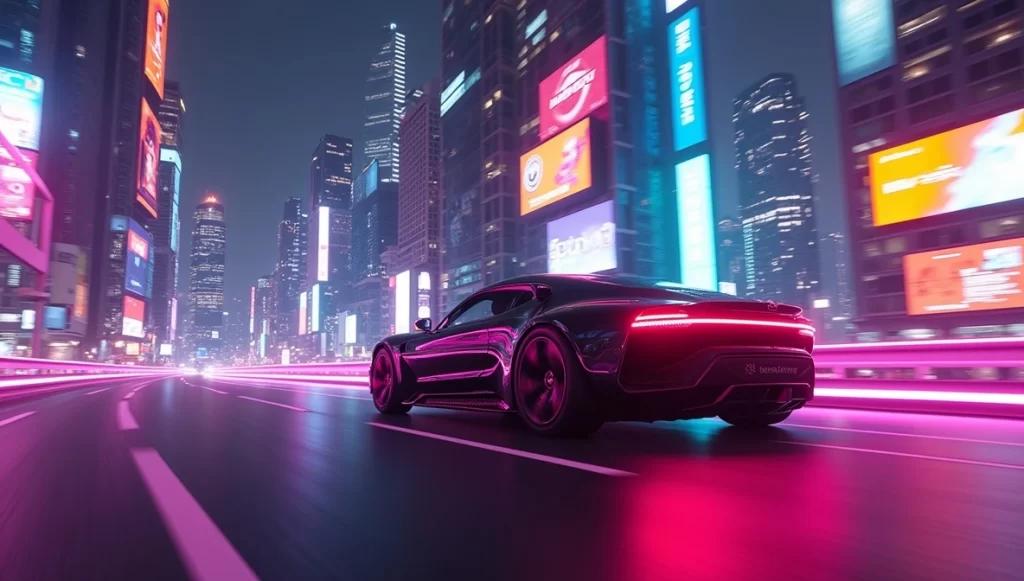 Carro autônomo navegando por uma cidade futurista ao entardecer