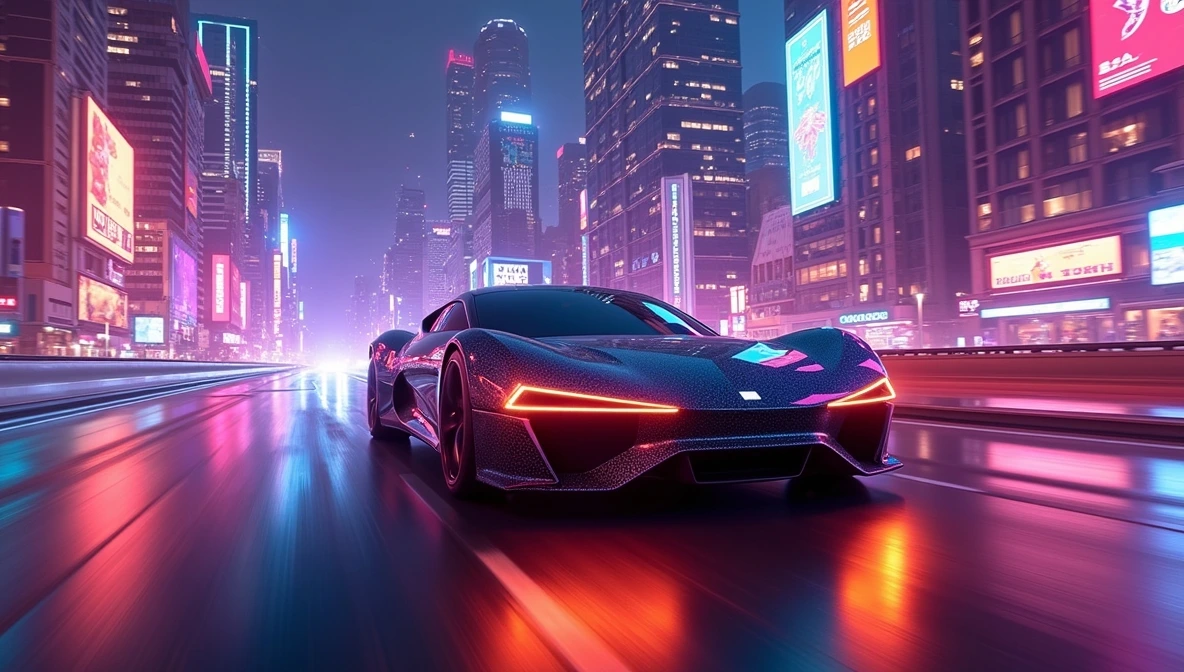 Carro autônomo em uma cidade futurista com luzes neon ao anoitecer