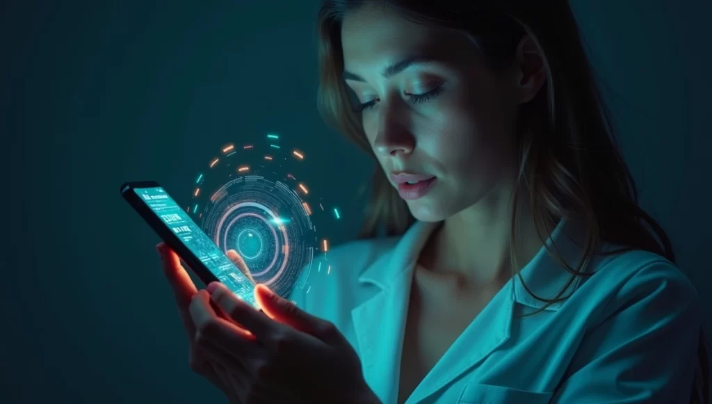 Paciente usando aplicativo de saúde em smartphone futurist