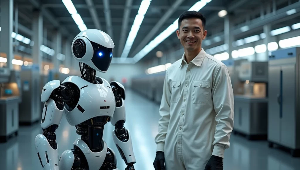Robô e humano colaborando em uma fábrica moderna