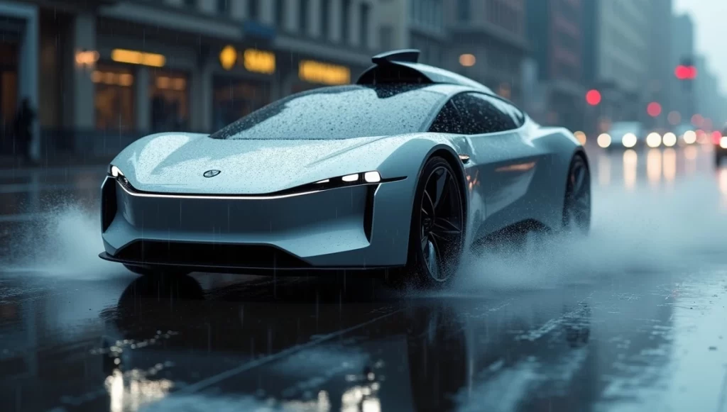 Carro autônomo enfrentando chuva em uma estrada urbana