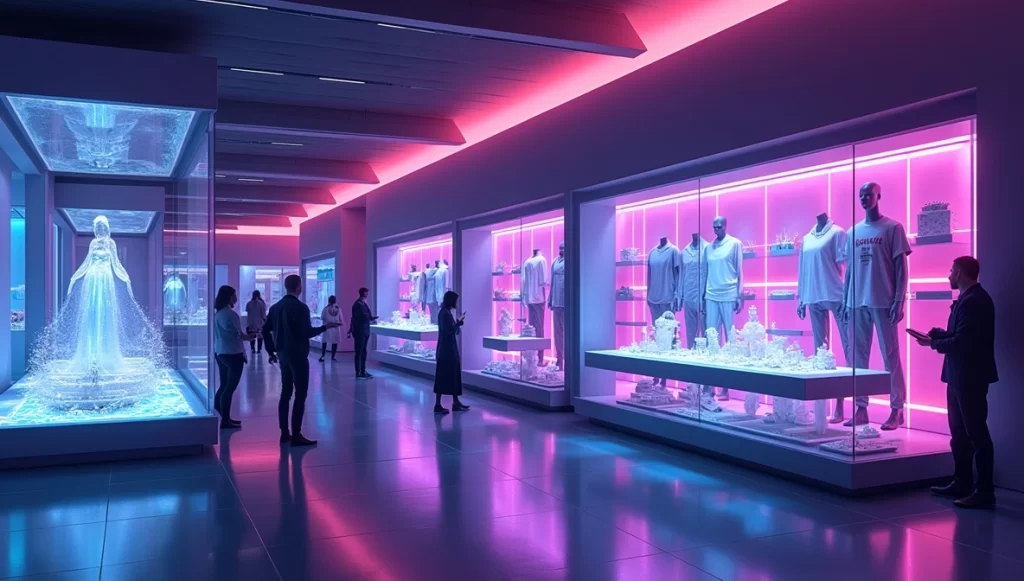 Roupas virtuais e terrenos digitais exibidos em uma vitrine do metaverso