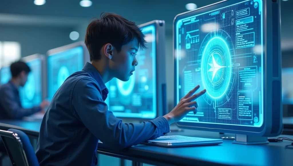 Sala de aula futurista com alunos usando realidade virtual