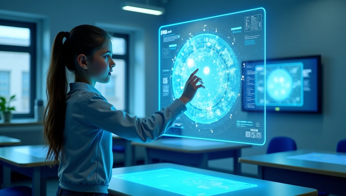 Estudante em sala de aula futurista com holograma educacional