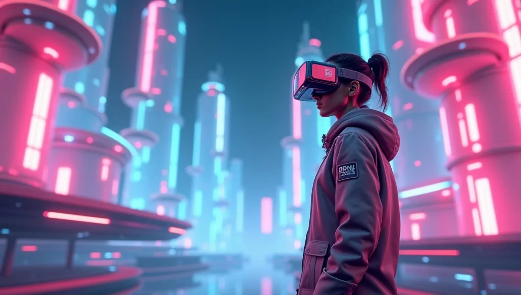 Avatar em um ambiente 3D do metaverso com óculos de realidade virtual ao fundo