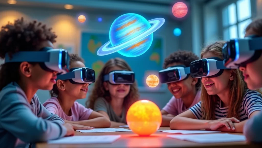 Crianças explorando realidade aumentada em aula interativa