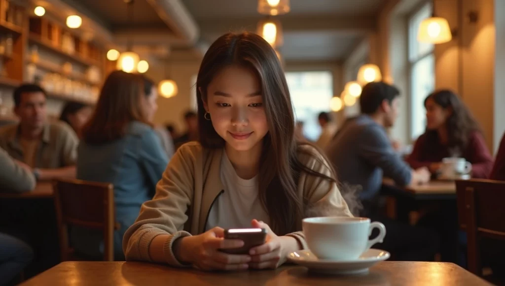 Pessoa usando smartphone em um café lotado