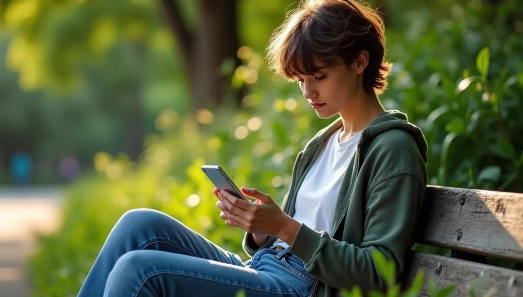 Pessoa sozinha em um parque olhando para o celular