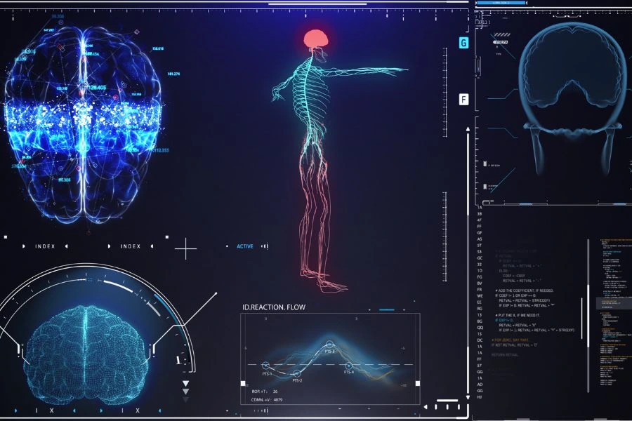 Interface de IA exibindo análise de exames médicos em tela holográfica
