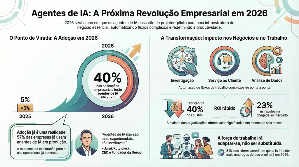 Infográfico comparativo entre Chatbot Tradicional e Agente de IA Autônomo. O visual demonstra que Chatbots focam em conversação e geração de texto dependendo de ação humana, enquanto Agentes de IA possuem autonomia para executar fluxos de trabalho complexos, integrar APIs, acessar bancos de dados e tomar decisões sequenciais sem intervenção manual.