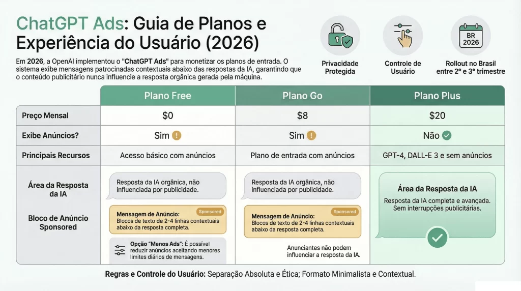 ChatGPT Ads: Representação visual minimalista comparando cartões de acesso digitais, distinguindo planos gratuitos com indicadores de anúncios e planos premium limpos.