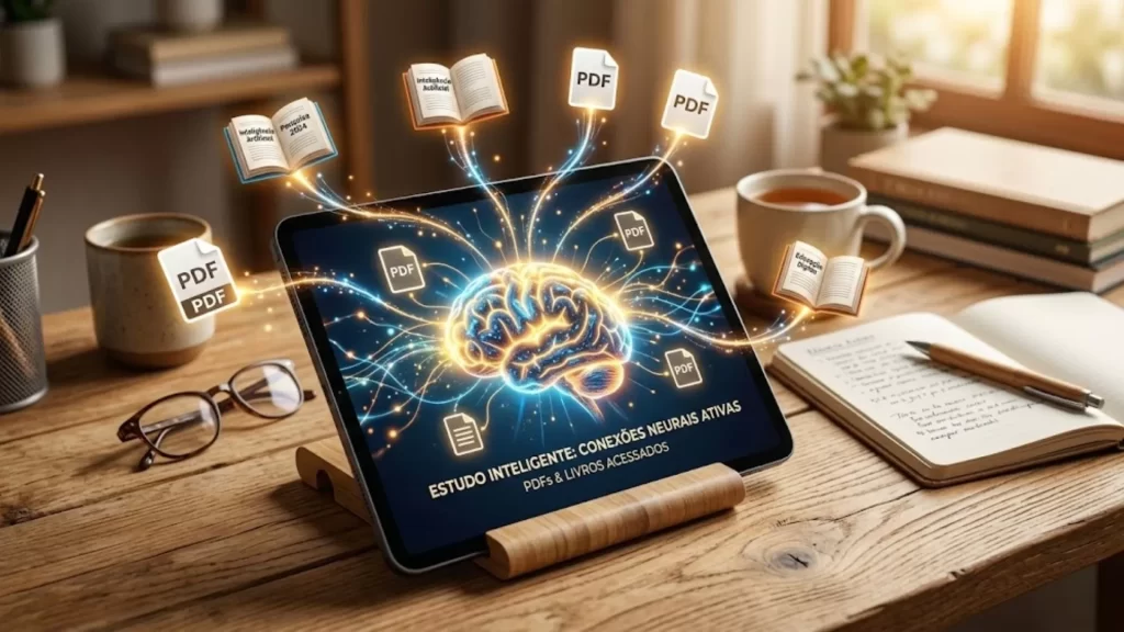 Estudante utilizando o NotebookLM e outras IAs de pesquisa para organizar materiais acadêmicos.