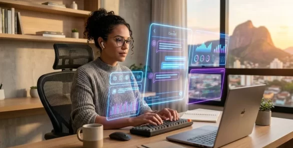 Profissional utilizando diversas ferramentas de inteligência artificial gratuita em um ambiente de trabalho moderno e tecnológico.