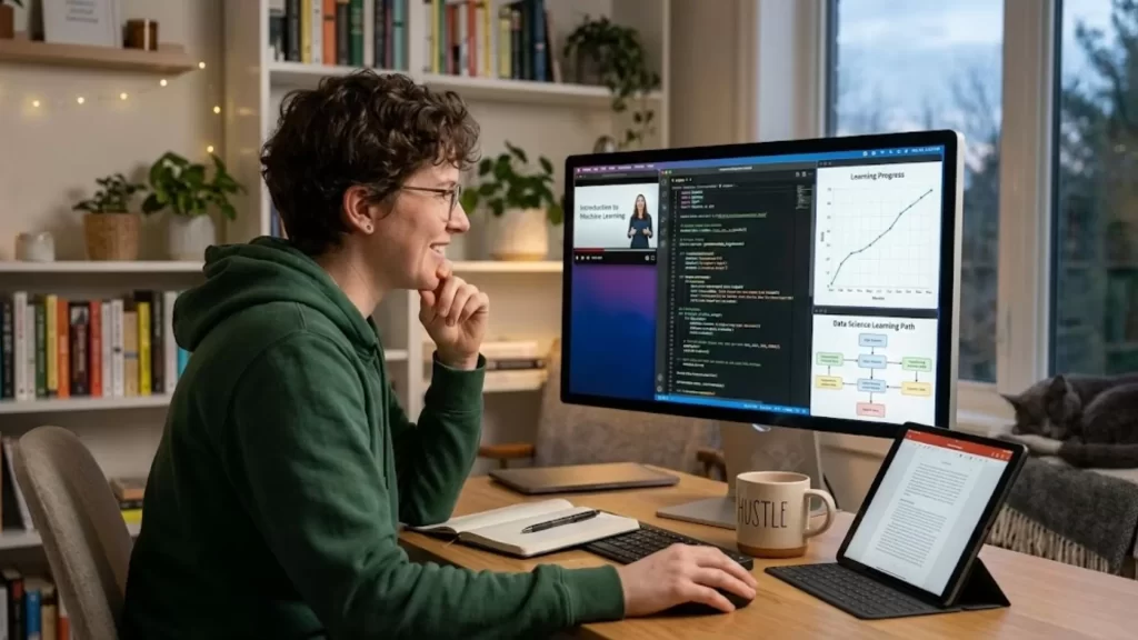 Pessoa estudando em um computador, com gráficos de aprendizado e cursos online de tecnologia.