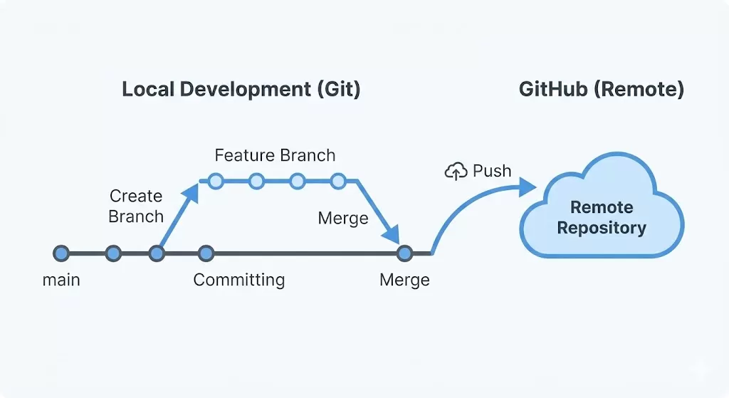Diagrama de fluxo de trabalho com Git e GitHub para gerenciar projetos e construir um portfólio de tecnologia.