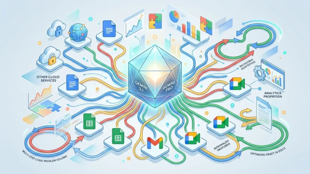 Ecossistema Gemini 3.1 Pro 2026: Integração profunda e raciocínio adaptativo para otimização de fluxos de trabalho.
