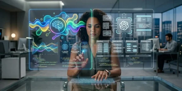 Gemini vs ChatGPT 2026: Comparativo visual das interfaces e tecnologias para produtividade avançada em um cenário futurista.
