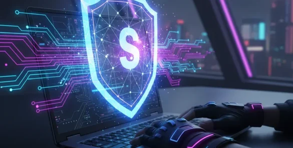 VPN para que serve: Entenda a segurança digital com um escudo protetor em um ambiente de rede abstrata.