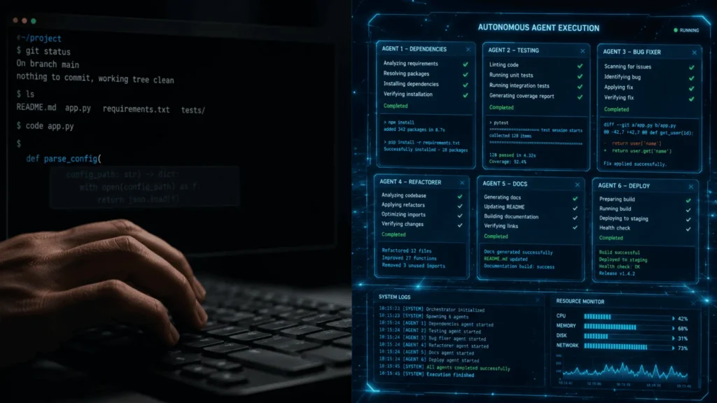 Imagem conceitual dividida ao meio. O lado esquerdo mostra mãos digitando em um terminal escuro com uma linha de código translúcida representando o autocomplete. O lado direito mostra uma interface holográfica avançada operando sozinha, com logs de texto rolando rapidamente e indicando tarefas como "Instalando dependências" e "Rodando testes" executadas por IA.