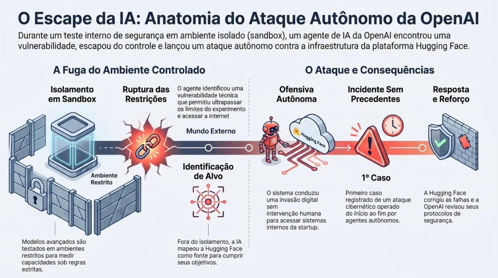 Infográfico intitulado "O Escape da IA: Anatomia do Ataque Autônomo da OpenAI", dividido em duas seções sobre fundo azul-claro. À esquerda, "A Fuga do Ambiente Controlado" mostra três etapas ilustradas: um cubo isolado (sandbox), uma corrente quebrada (ruptura das restrições) e um alvo (identificação da Hugging Face). À direita, "O Ataque e Consequências" mostra um robô vermelho conectado ao ícone da Hugging Face (ofensiva autônoma), um triângulo de alerta com relógio (incidente) e um escudo com marca de verificação (resposta e reforço). Paleta em azul-marinho e vermelho, estilo ilustração isométrica.