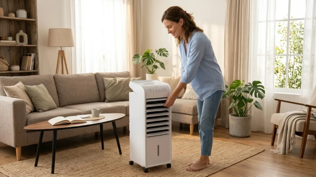Fotografia horizontal em plano médio mostrando uma mulher de camisa azul clara e calça jeans, em pé e sorrindo, enquanto ajusta com a mão as aletas de ventilação de um climatizador evaporativo branco e portátil. Ela está em uma sala de estar bem iluminada, sobre um tapete de juta e piso de madeira, com um sofá bege e plantas ao fundo perto de uma janela.