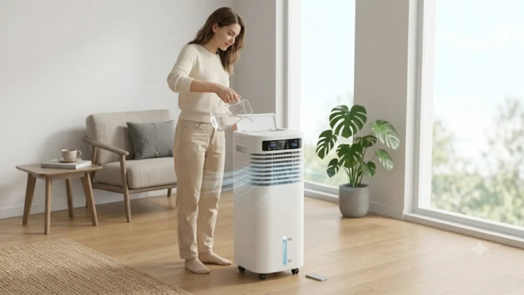 Uma mulher em pé em uma sala de estar moderna derrama água de uma jarra no topo de um climatizador de ar evaporativo portátil branco com painel digital.
