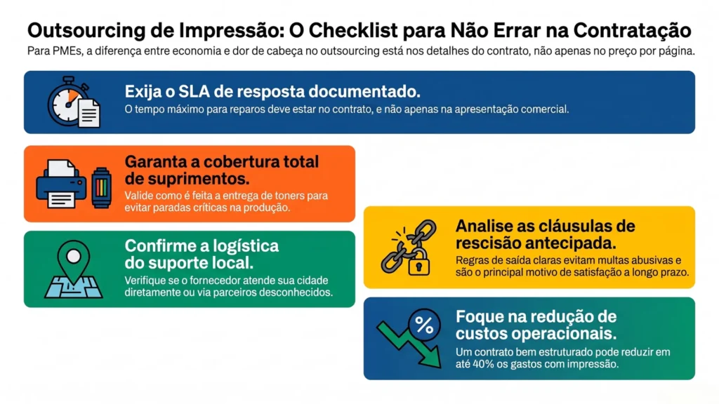 Infográfico com critérios de avaliação de fornecedor de outsourcing de impressão para PMEs
