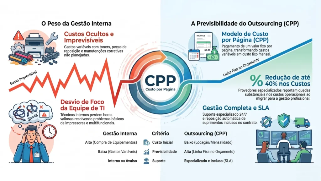 Diagrama comparando modelo de custo por página do outsourcing de impressão com gestão interna