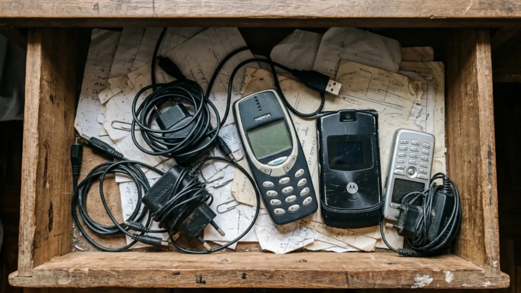 Celulares antigos esquecidos numa gaveta de casa, ilustrando dispositivos que ainda mantêm sessão ativa em contas na nuvem