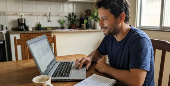 Homem confirmando com satisfação que seu primeiro agente de IA no-code funcionou, sentado à mesa de casa com laptop