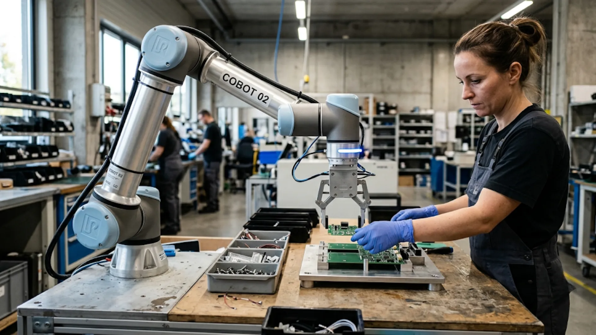 Braço robótico colaborativo (cobot) manipulando um objeto ao lado de um trabalhador em ambiente industrial real, ilustrando a IA física
