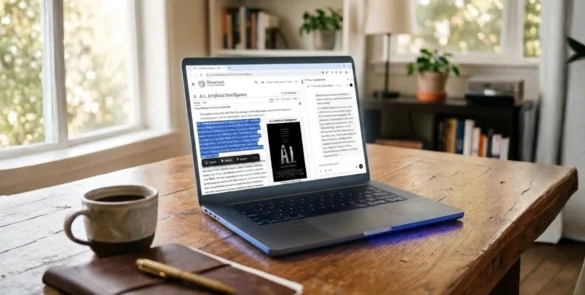Foto de um laptop sobre uma mesa de madeira com luz natural, tela mostrando uma extensão de IA resumindo o conteúdo de uma página aberta no navegador