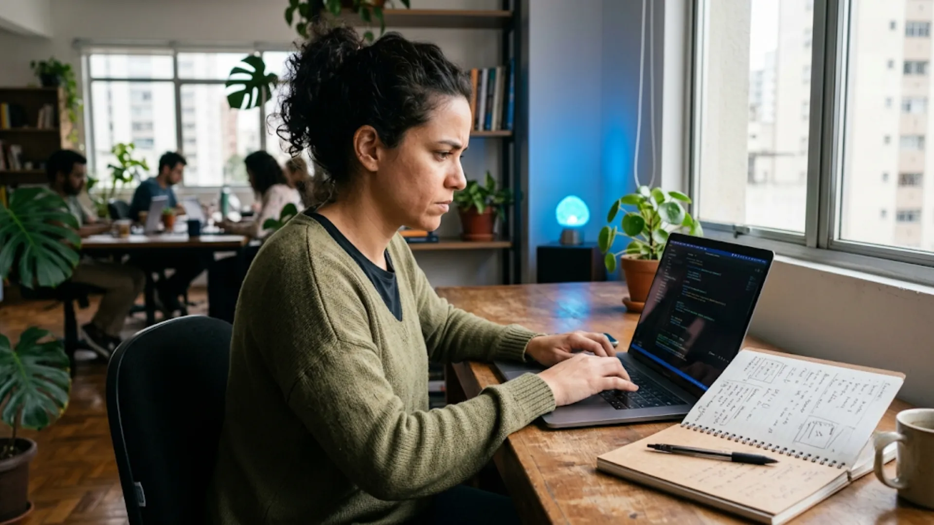 Pessoa em transição de carreira estudando programação e IA em um notebook, ilustrando as vagas de tecnologia com IA em 2026